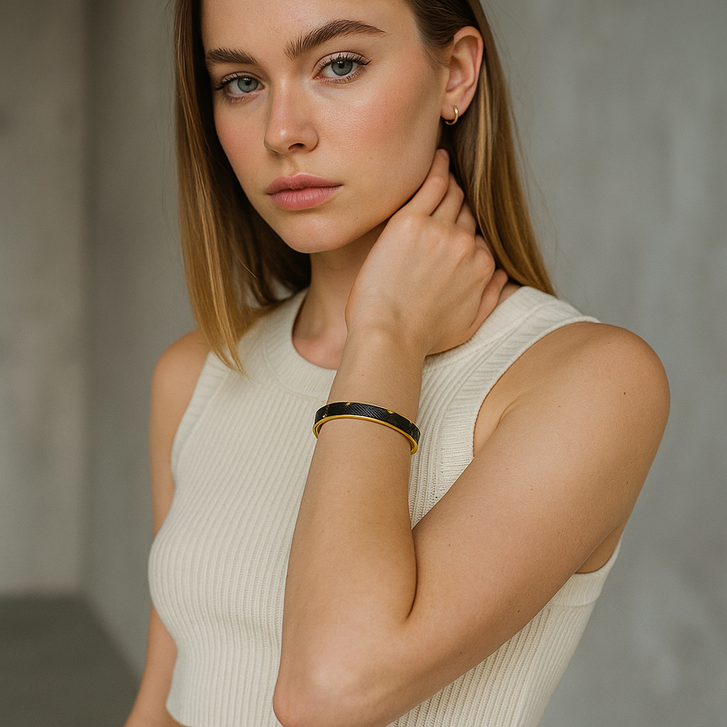 Woman wearing a beige sleeveless top with a 18K Gold Plated LV Bracelet