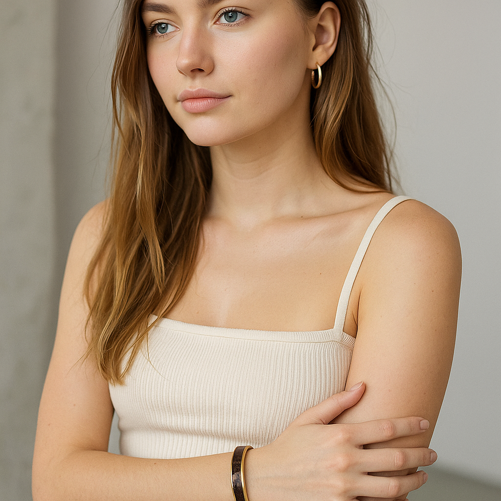 Woman wearing a beige sleeveless top with a 18K Gold Plated LV Bracelet