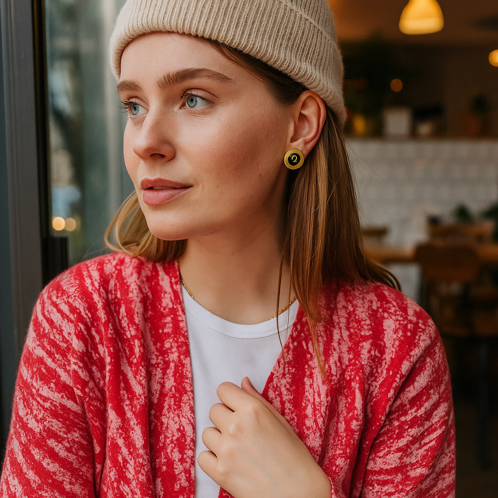 Woman wearing a red cardigan and beige beanie in a casual setting