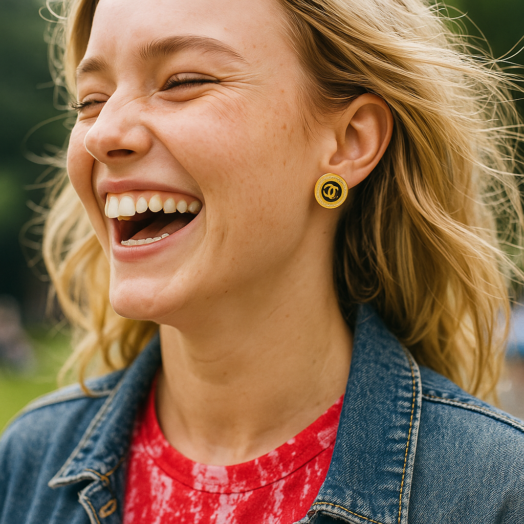 Woman laughing with a close-up of her face, wearing a denim jacket and red shirt.