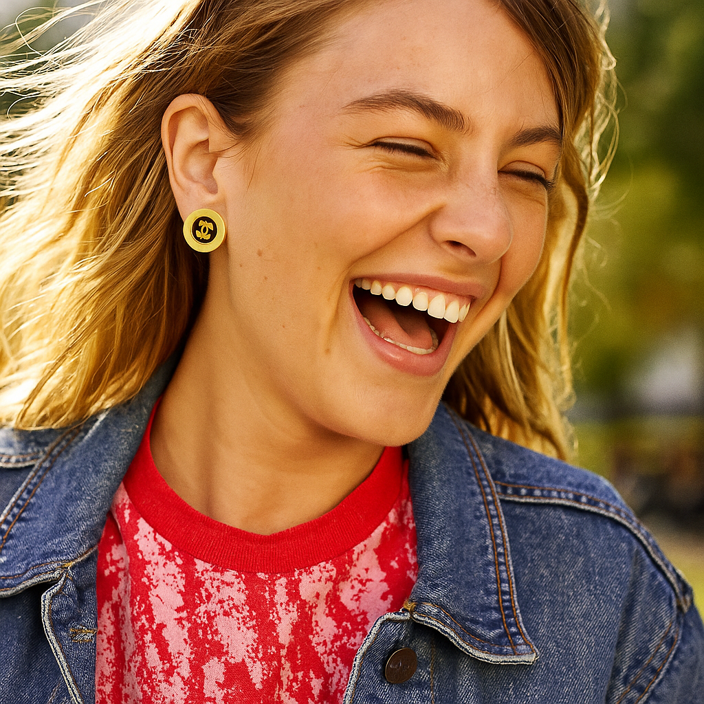 Woman wearing a denim jacket and red sweater with a blurred outdoor background