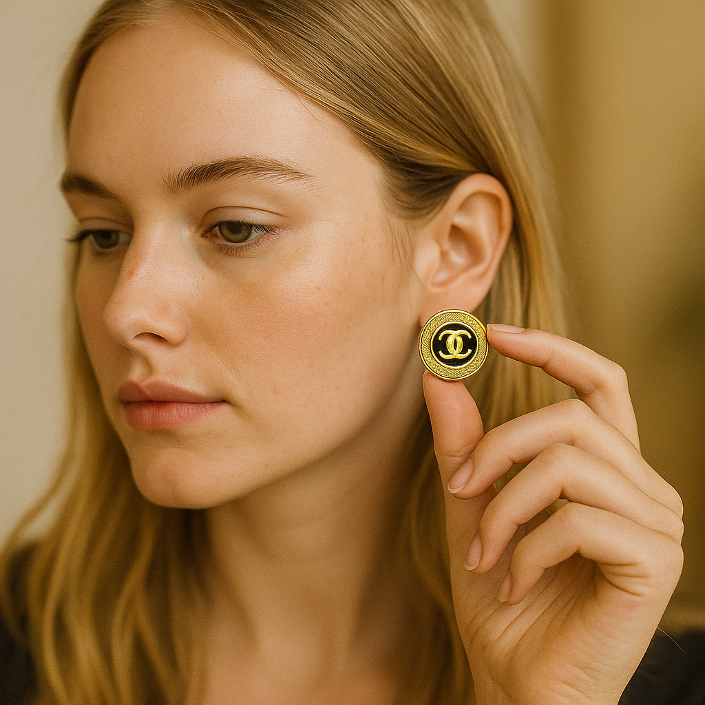Woman wearing a gold earring with a visible brand logo.