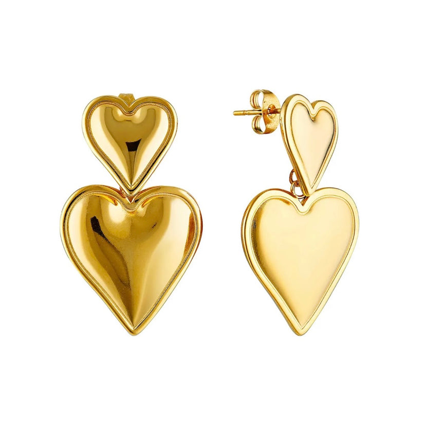 A pair of 18K gold plated drop earrings in the shape of two stacked hearts.