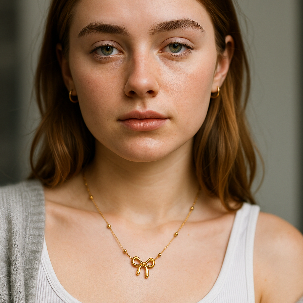 Woman wearing a gold necklace with a bow pendant against a neutral background