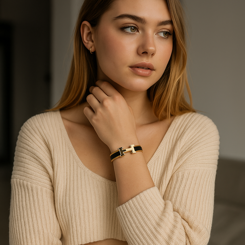 Woman wearing a beige ribbed top with 18K gold Hermes Black bangle bracelet.