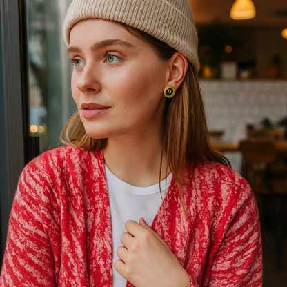 Woman wearing a red cardigan and beige beanie in a casual setting