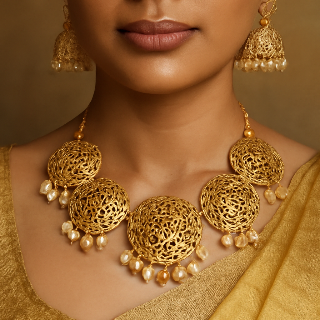 Woman wearing a gold necklace and earrings with a blurred background